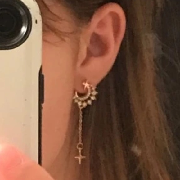 Gold Celestial Crystal Moon Chain Dangle Earrings - Picture 6 of 6